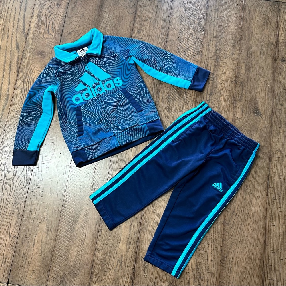 Adidas 2 Toddler teal & blue pant & zip up long sleeve top set pant & jacket set